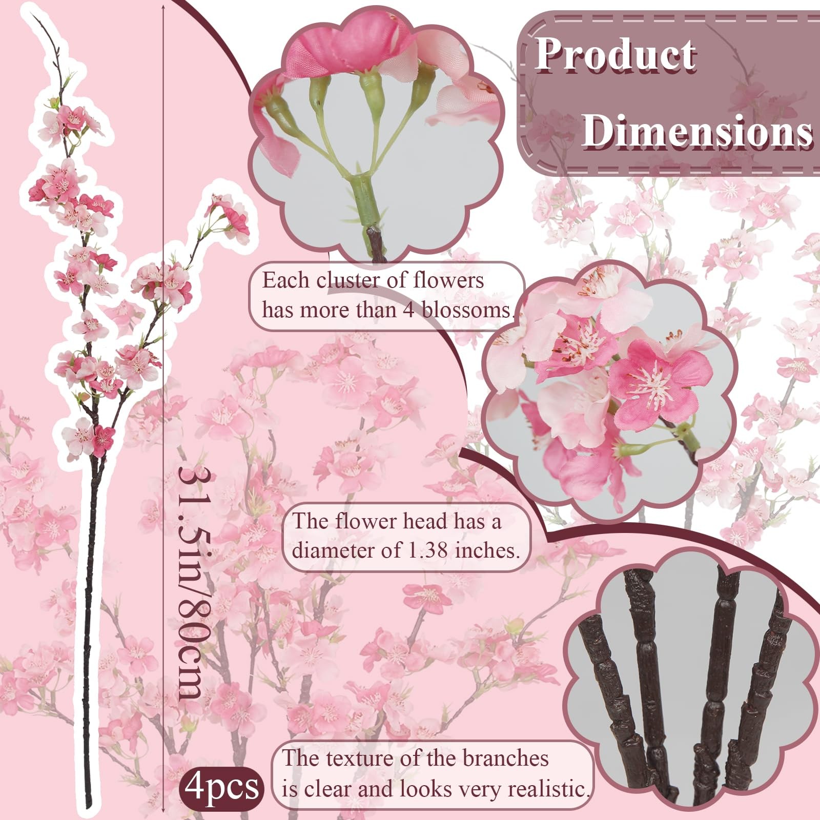 4 Pcs Cherry Blossom Branches Fake Flowers for Spring Summer Indoor Home Deco…