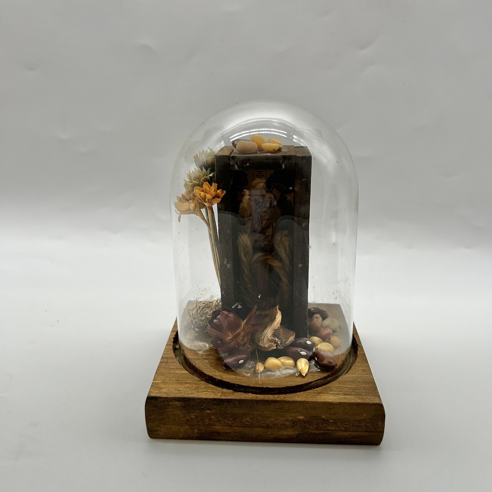 Vintage Leonard Creations California Glass Dome Cloche Dried Flowers Shadow box