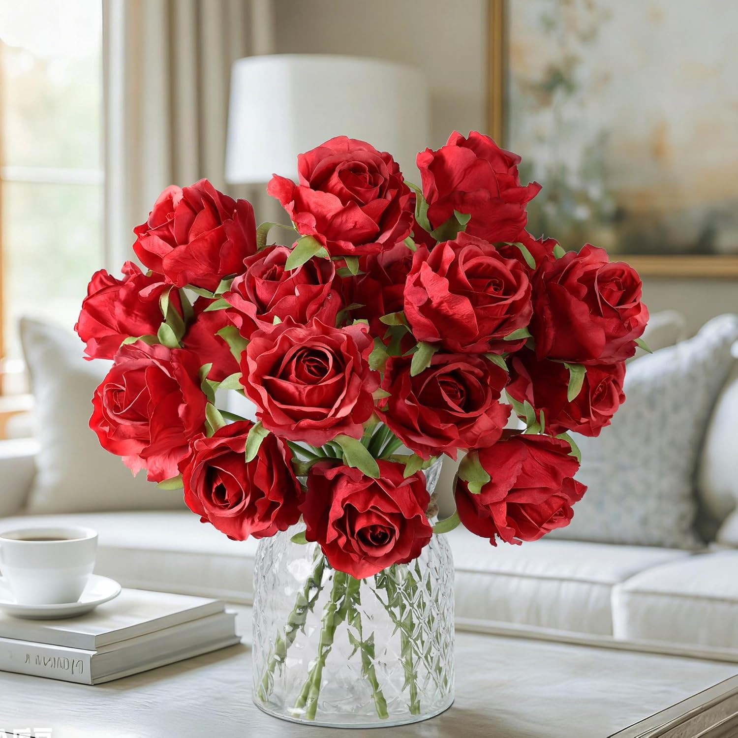 18-Piece Realistic Red Silk Roses Bouquet for Home, Weddings, and Gifts