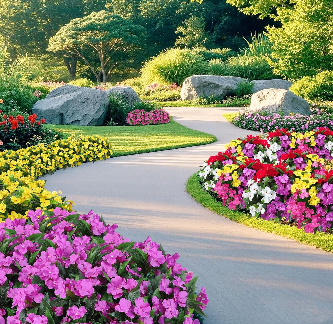 6 Bundles Artificial Impatiens Flowers for Outdoors, Multicolor | Realistic Silk