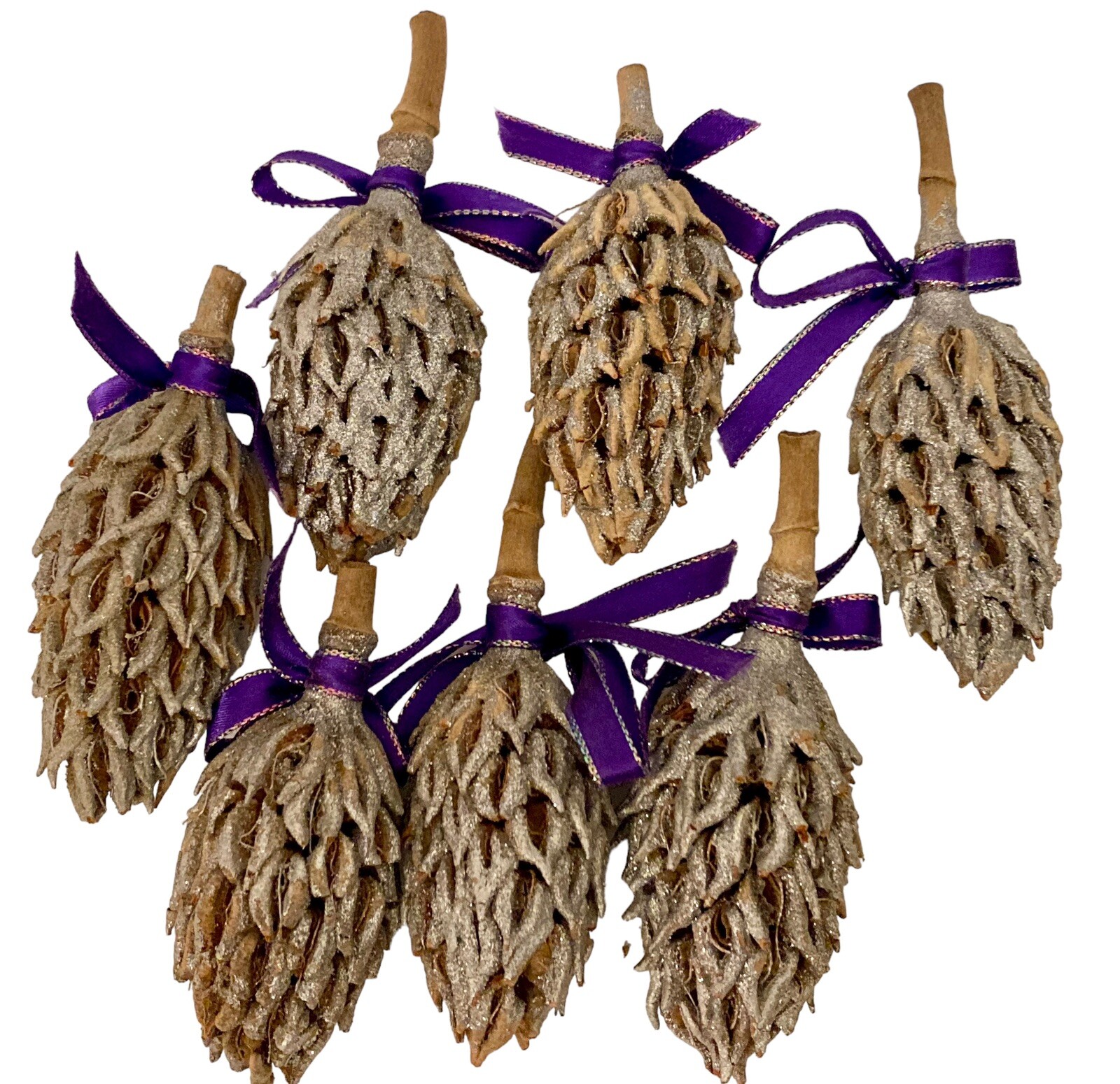 13 Magnolia Seed Pods Decor Silver Glittered Purple Ribbon Bows