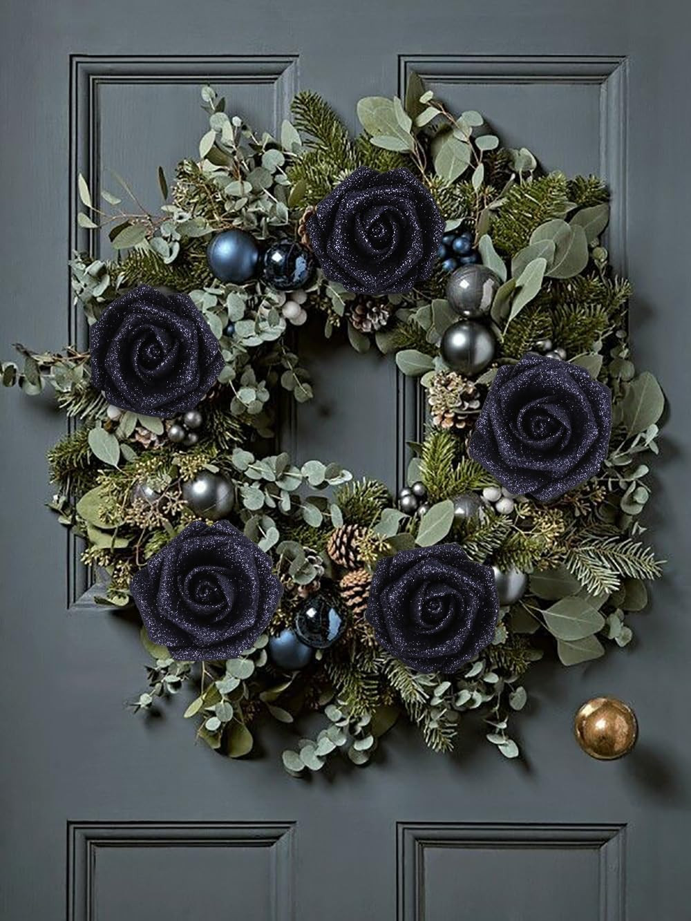 Glitter Roses 30Pcs 2.56″ Artificial Grey Black Roses with Stems for Baby Shower