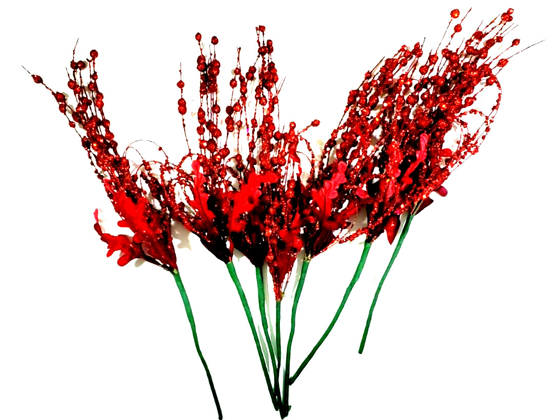 Red Glittered Velvet Leaf & Ball Picks Very Glittery 18″ Tall Set of 7