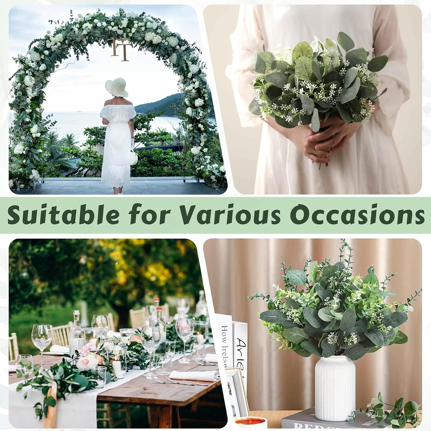 Eucalyptus Leaves Stems 30 PCS, 4 Kinds Mixed Artificial Greenery Stems for Wedd