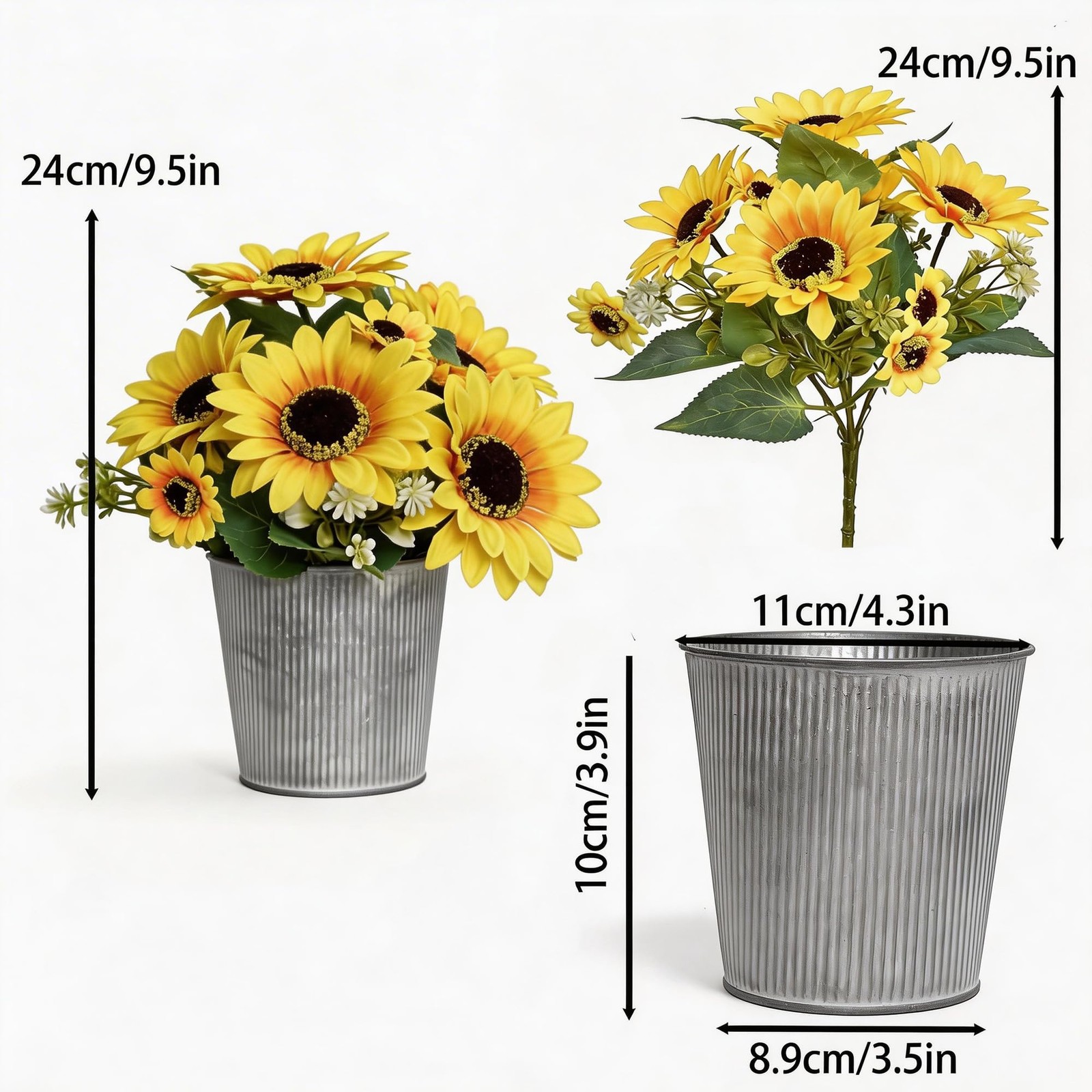 3 Pack Artificial Sunflowers in Galvanized Metal Pots, Faux Flower Arrangemen…