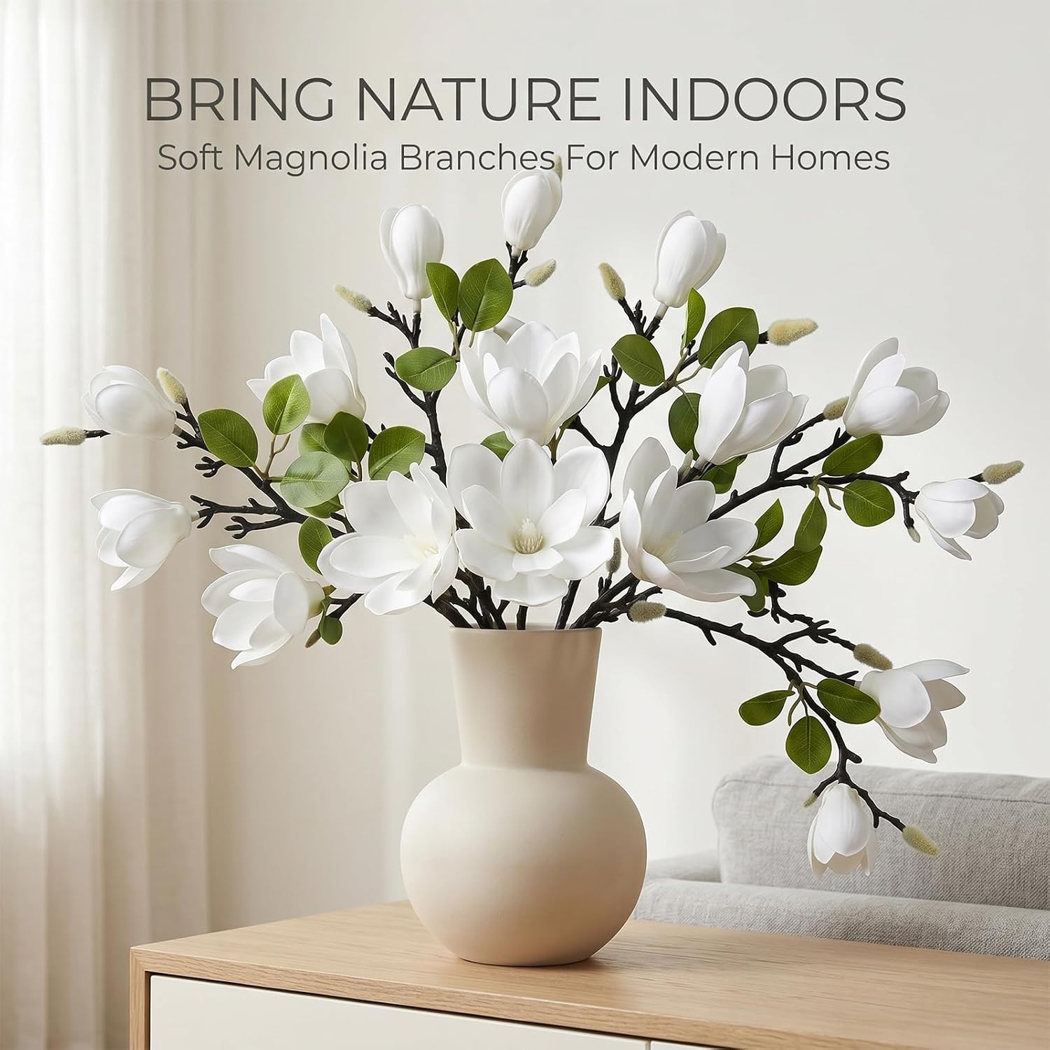 Set of 4 Artificial Magnolia Flowers, 25 Inch White Fake Flowers Branches | Real