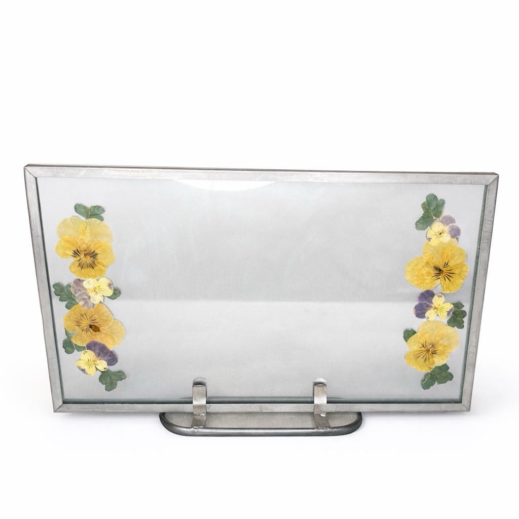 Vintage Pressed Pansy Flower Art Glass Panel Metal Stand Botanical Decor