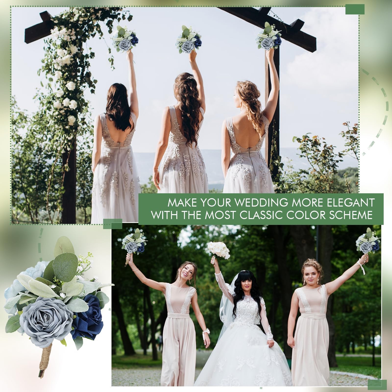 4 PCS 7 Inch Blue Artificial Silk Rose Bridesmaid Wedding Bouquet Set