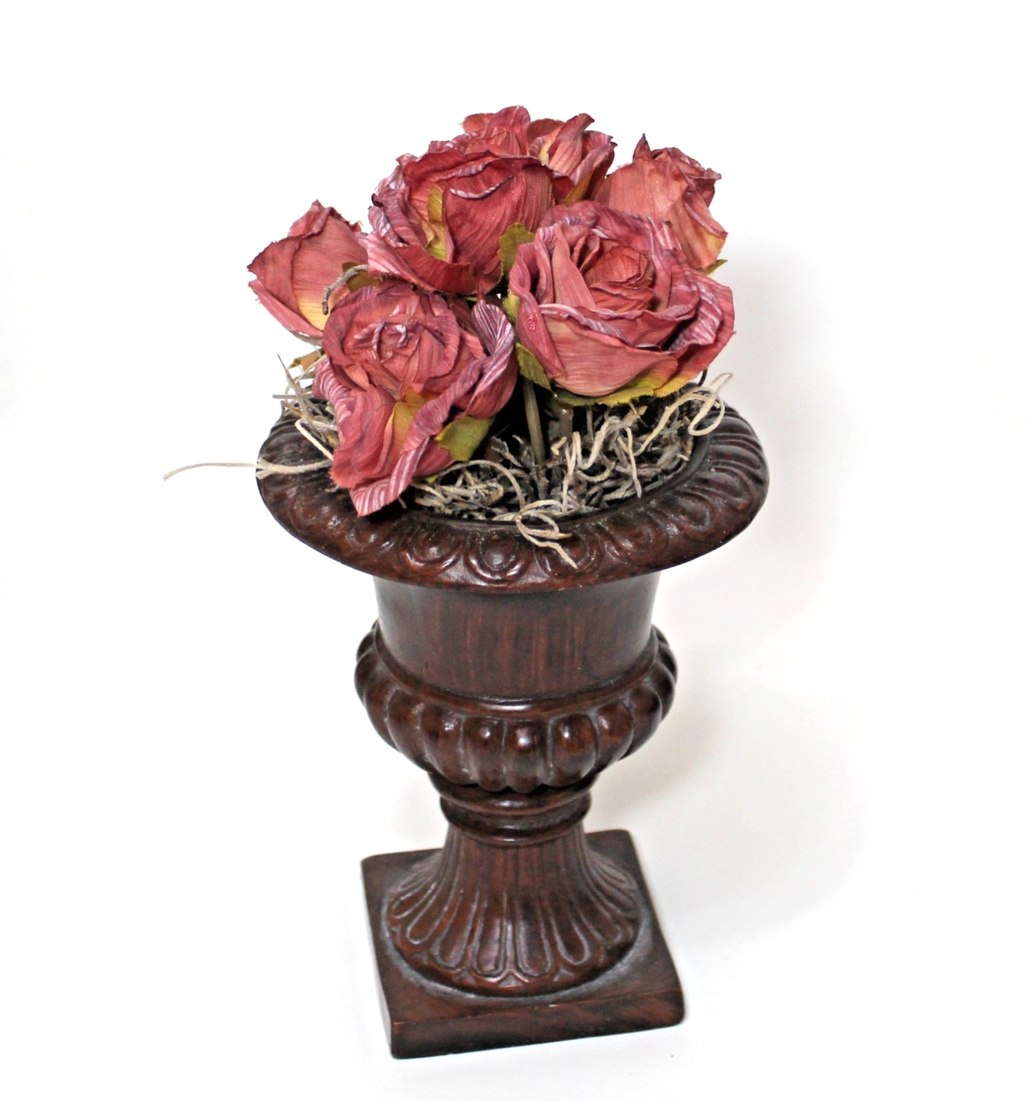 Vintage Urn Planter Brown Vase with Pink Roses Flower Arrangement