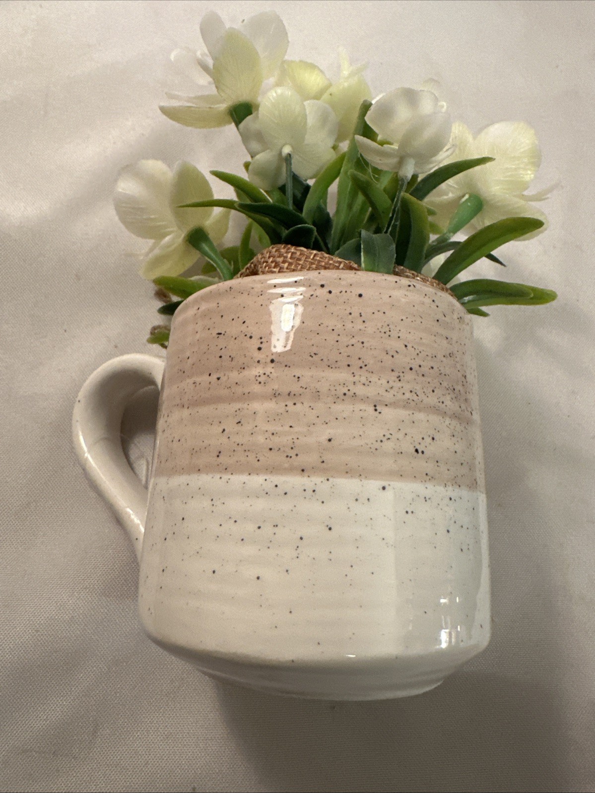 White Flowers Tan/White Pottery Mug Believe Good Things Will Happen