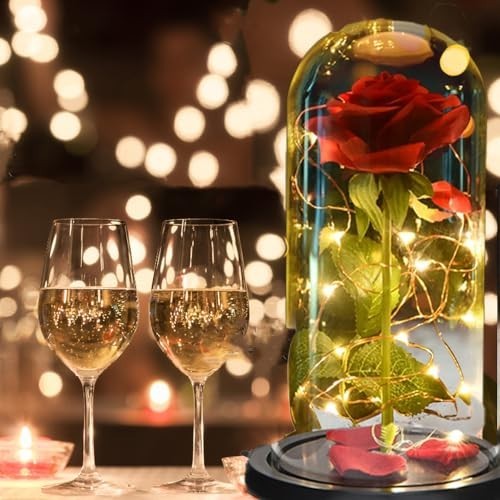 Enchanted Red Silk Rose in Glass Dome with LED Light – Preserved Flower Gift for
