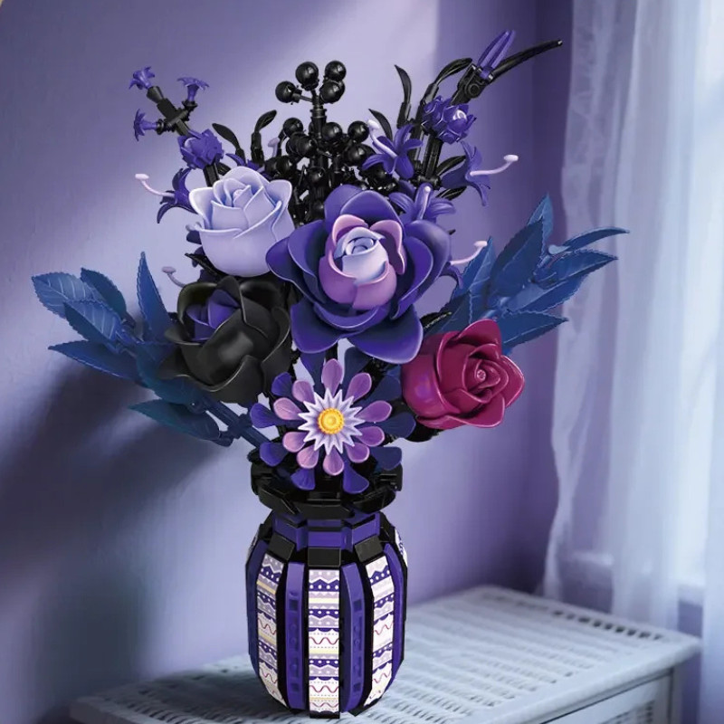 1218 PCS Dark Romance Gothic Bouquet Building Blocks Flower With vase Diy Model