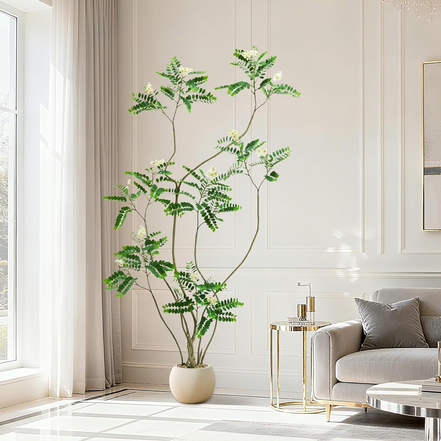 Artificial Black Locust Tree 6FT Faux Floor Plant White Flower Beige Ribbed Plan