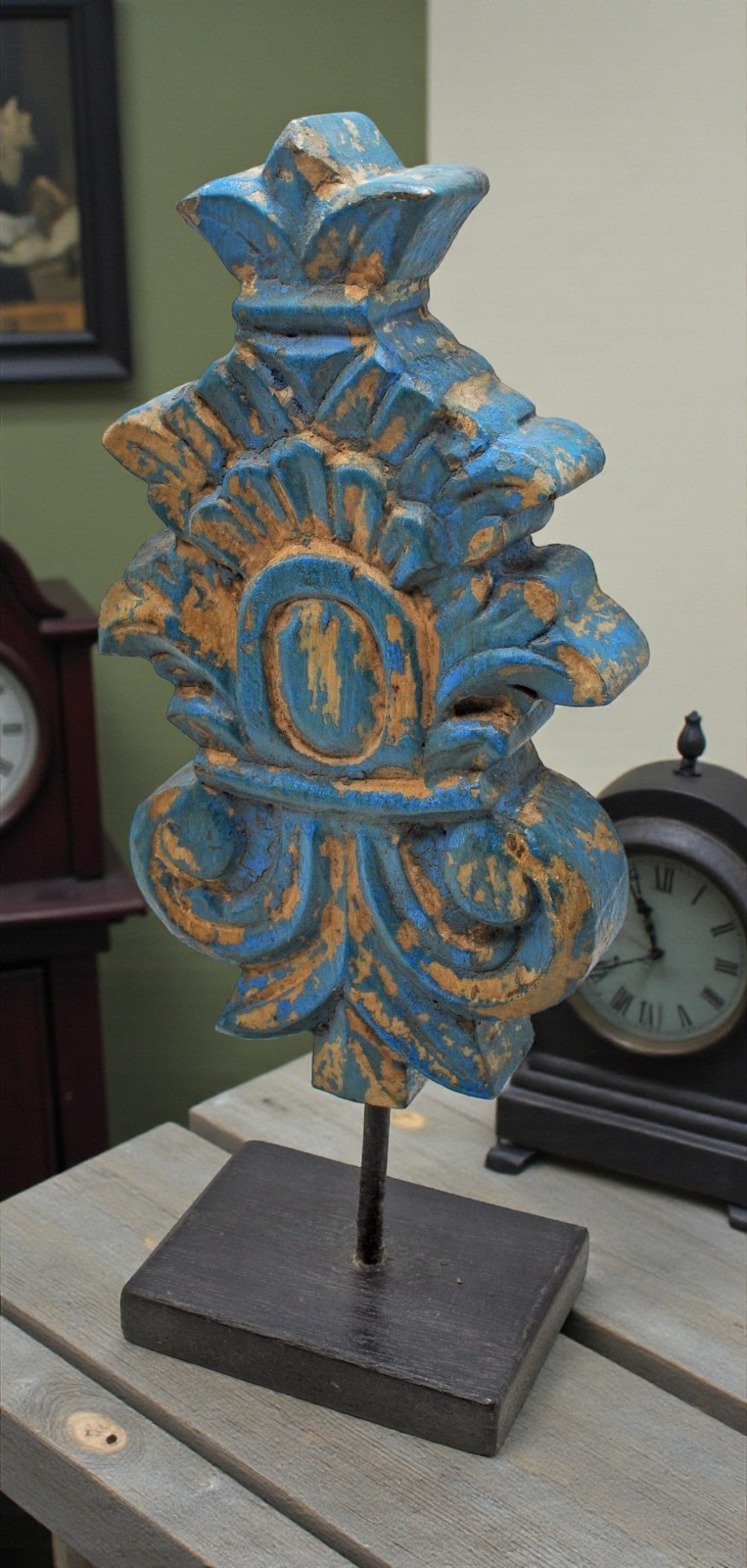 Hand Carved Wooden Flower Carving Panel Plaque on Stand Rustic Blue Painted
