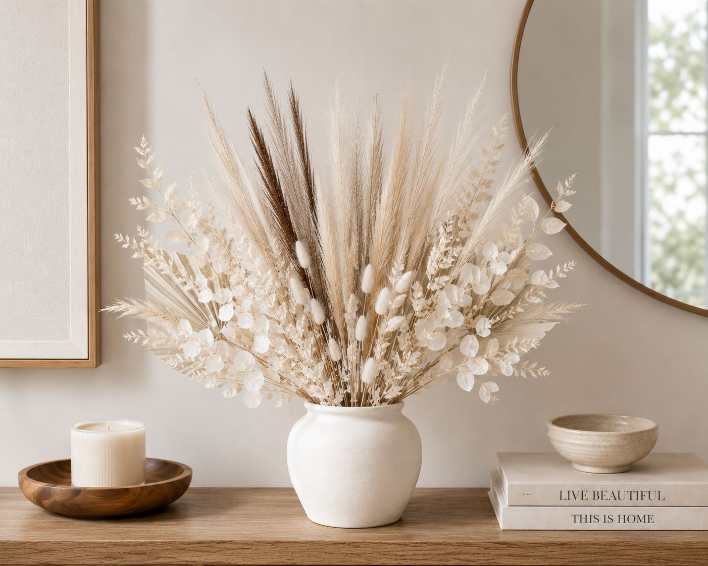 42 Piece Faux Pampas Grass Set Neutral Pampas Stems Beige Cream Taupe Brown Boho
