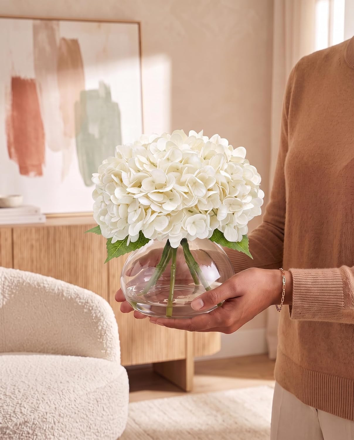 Realistic White Hydrangea Artificial Flowers with Vase for Home Decor