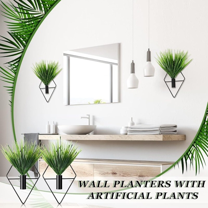2 Piece Wall Planter Set Metal Hanging Vases W/ Artificial Plants Indoor Decor