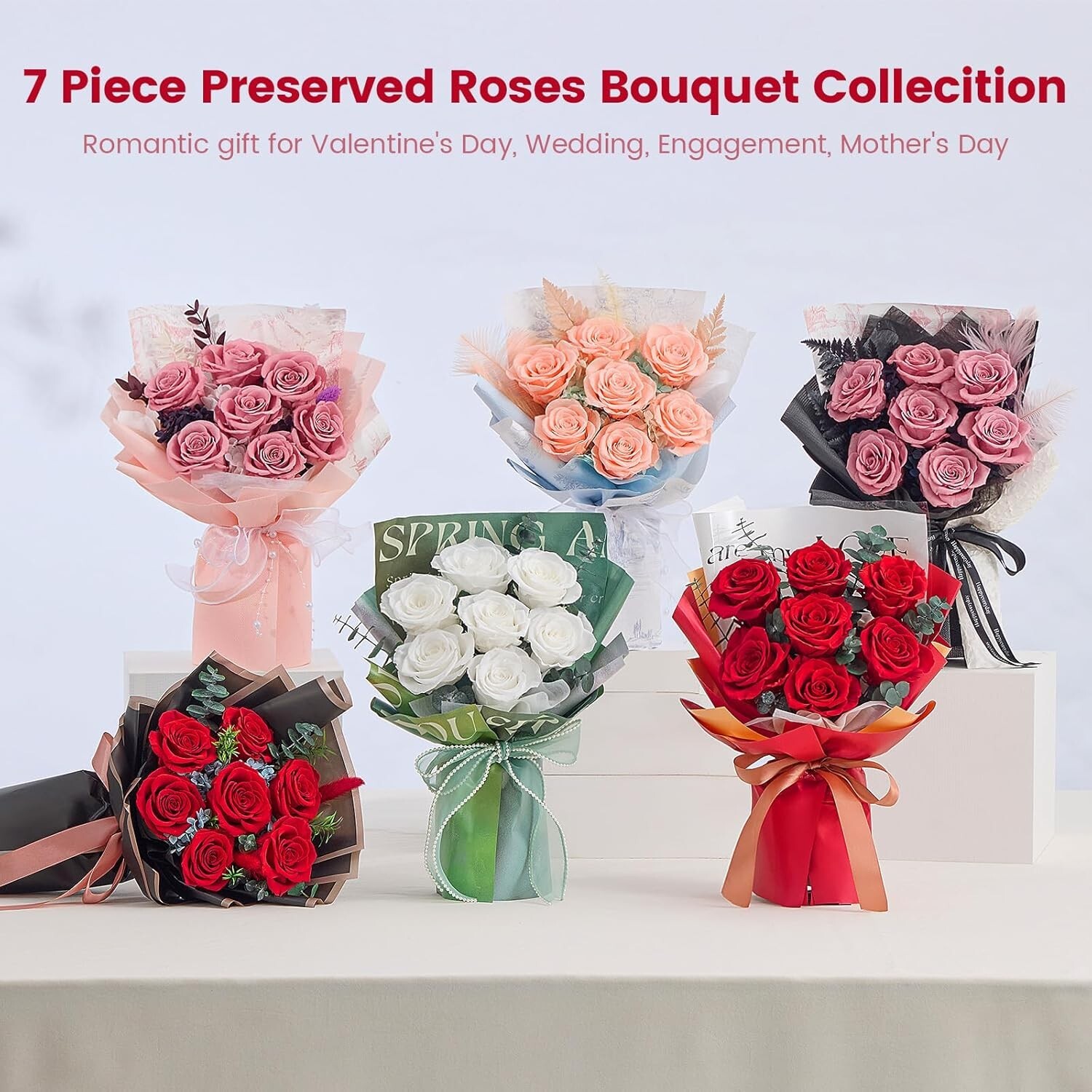 Mosstory Roses Bouquet 7-Piece Forever Flowers Bouquet Flowers Fresh Bouquet Gif