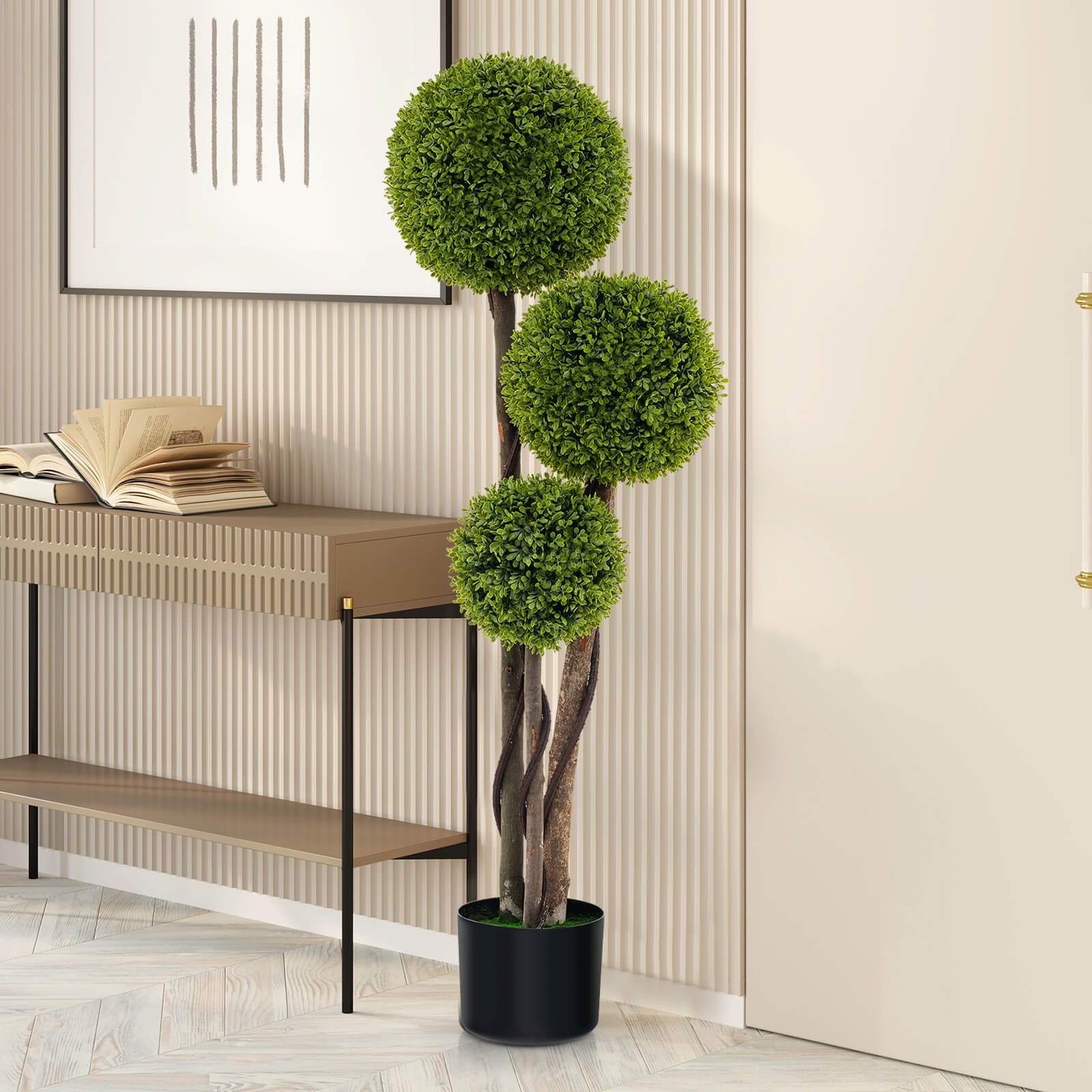 4 FT Artificial Boxwood Topiary Ball Tree w/ Triple Ball Faux Greenery Plant