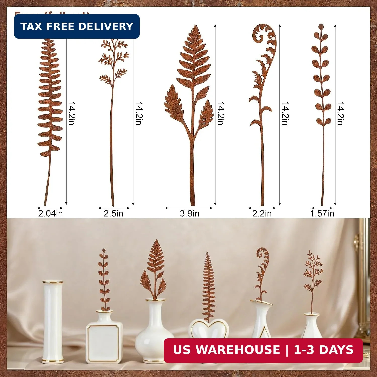 5 Pcs 14.2” Longer Rusty Metal Flowers and Plants, Rustic Metal Fern Leaf Garde