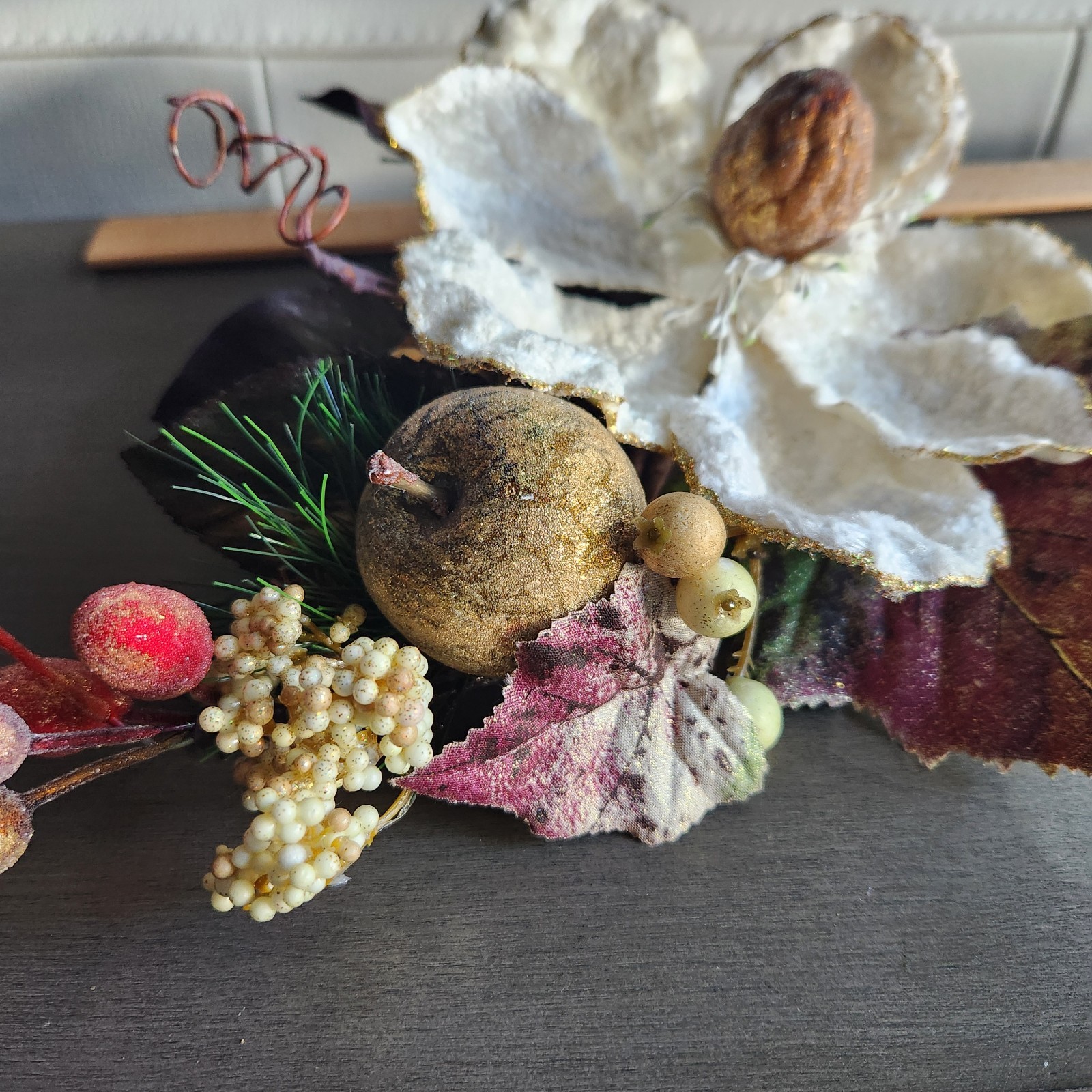 Set of 3 Gold Glittered Artificial Soft White Magnolia Sprays Fruit Berries