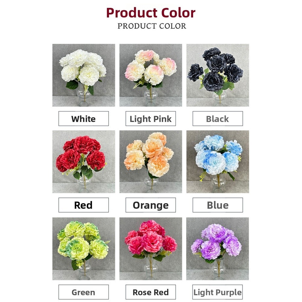 7 Artificial Peony Flowers White Black Red Blue Green Light Purple Deep Pink