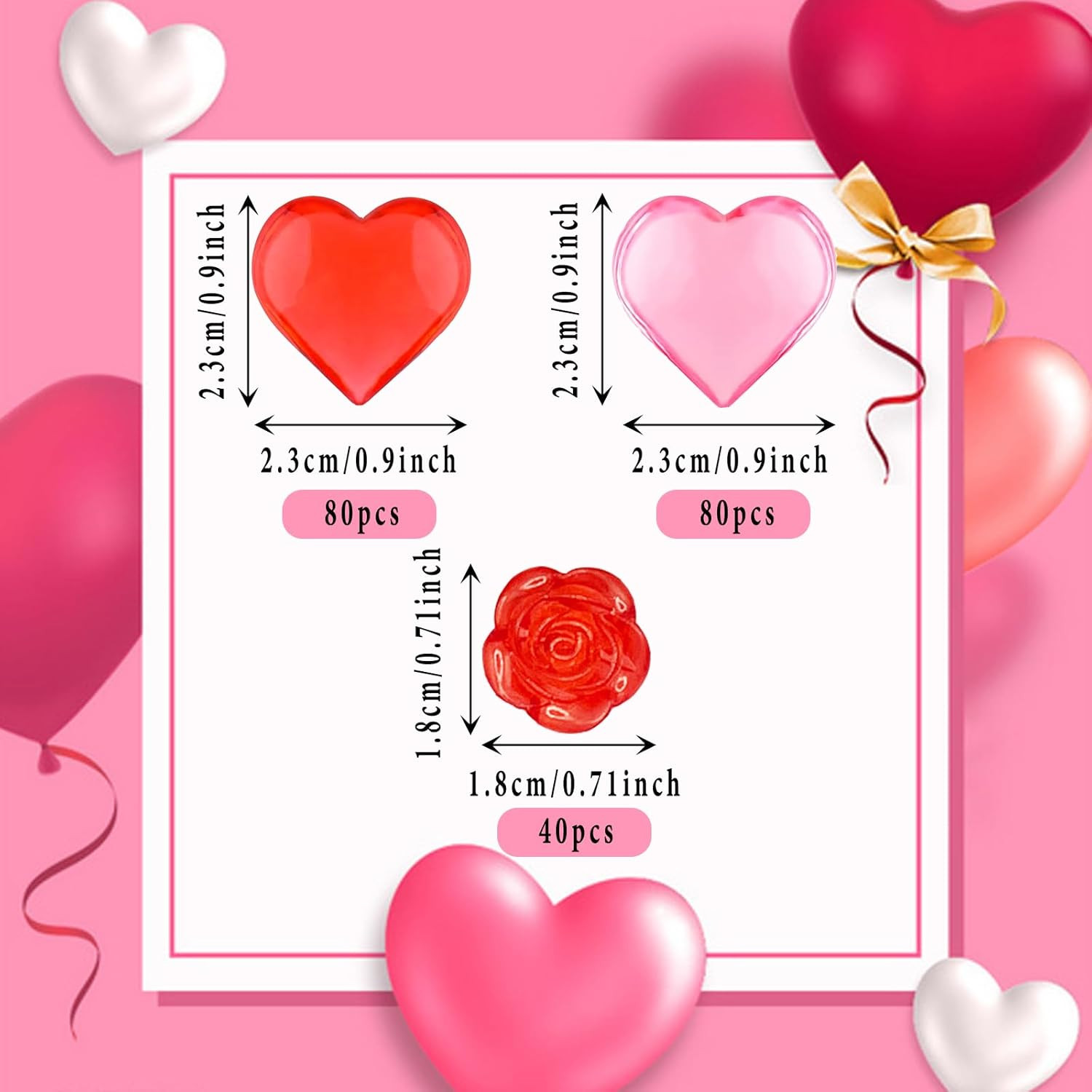 200Pcs Acrylic Heart Ornaments Rose Flower Vase Filler Decorations, Love Hearts