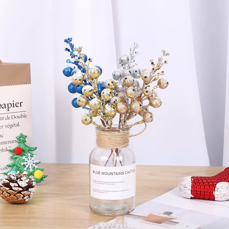 19Cm Christmas Blue Glitter Berry Stems Artificial Foam Berry Snow Covered Berry