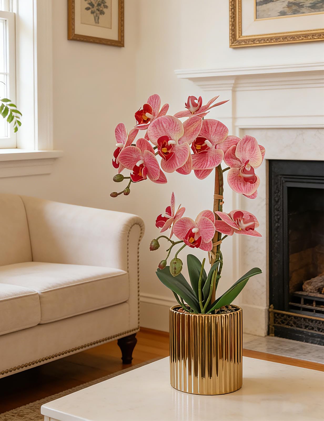 Pink Orchid Artificial Flowers Real Touch Indoor Orchid Plants with Gold Cera…