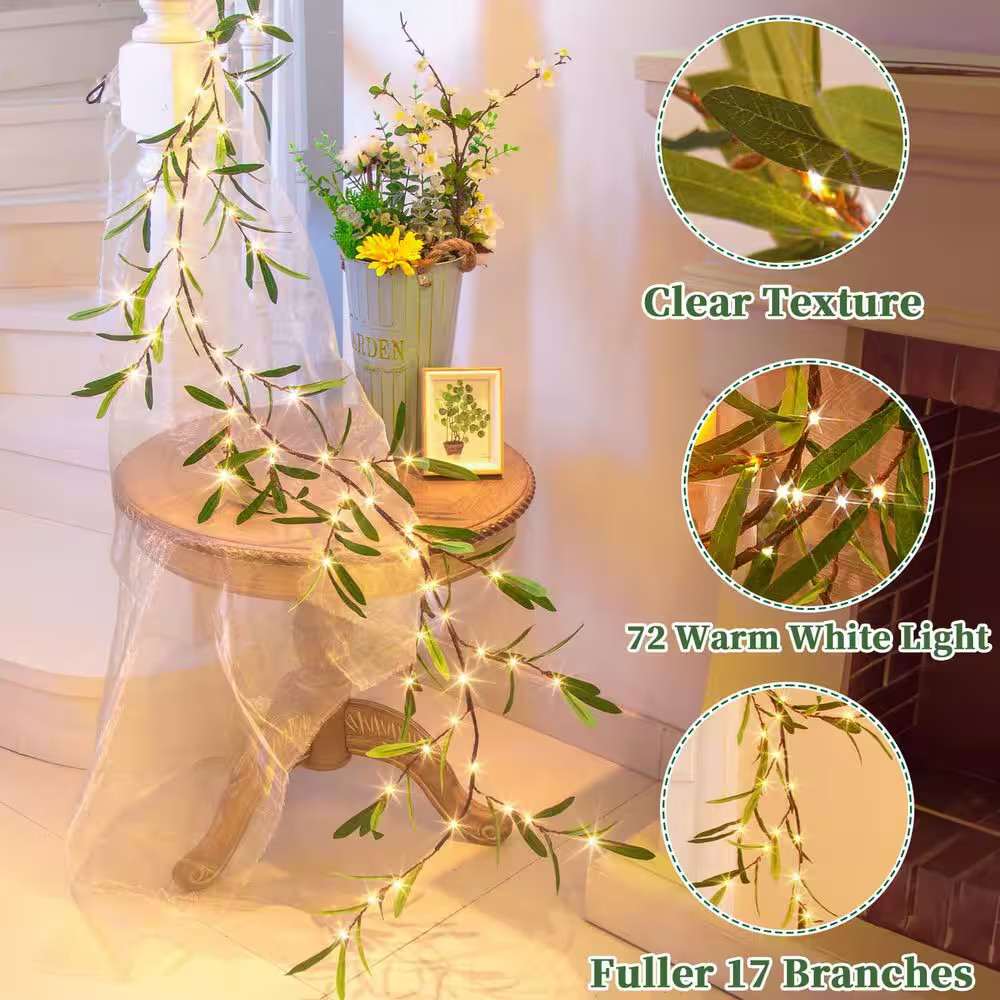 2.13 In. 6 In. Green Artificial Olive Vine Lighted Garland with 72 LED Lights an