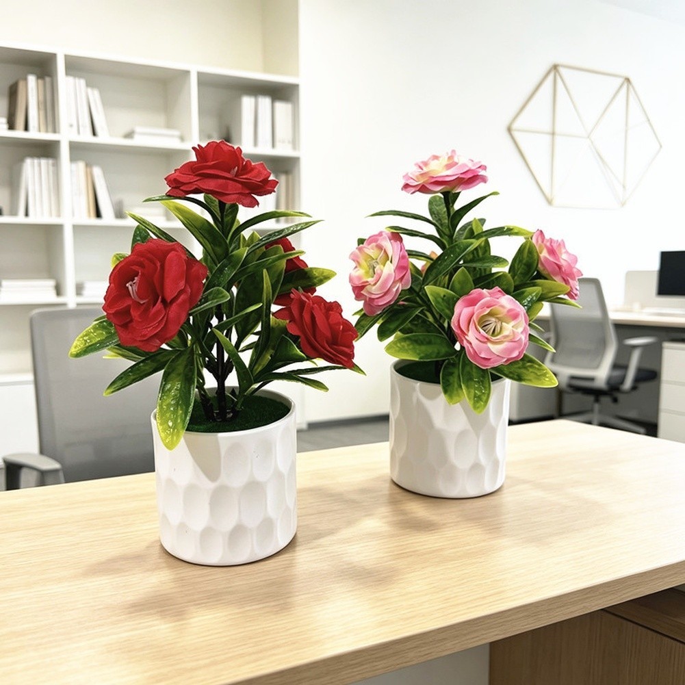 Silk Plant with 5 Realistic Blooms in White Pot for Office Desk Use