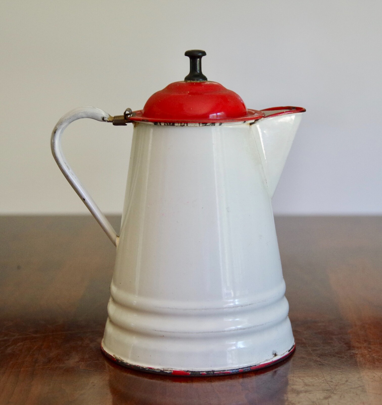 Silk Red and Purple Arrangement in Vintage Enamel Red & White Cowboy Coffee Pot