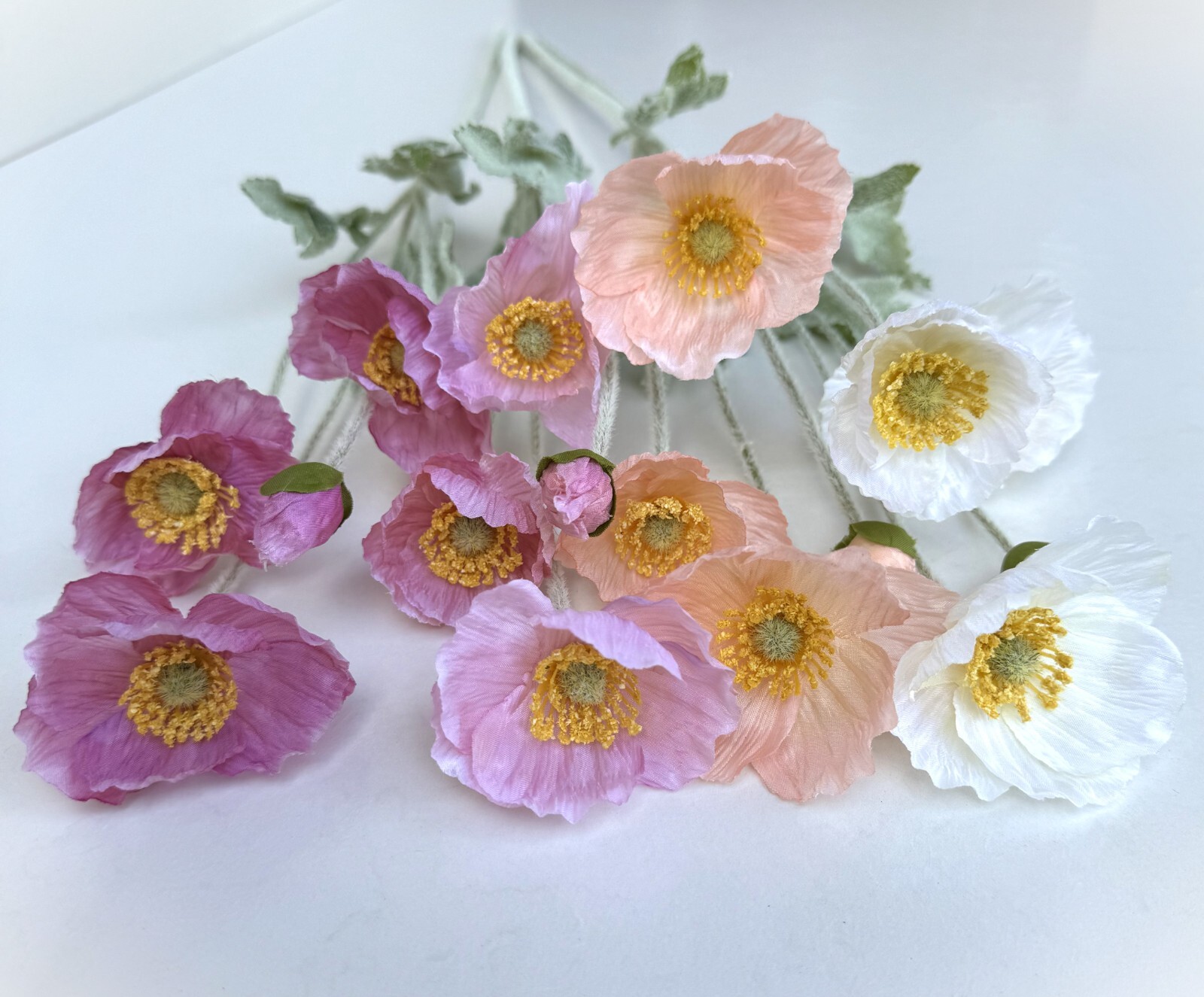 Poppy Flower Stem Faux Silk Poppies Peach Cream Pink Spring Wildflower Stems x 1