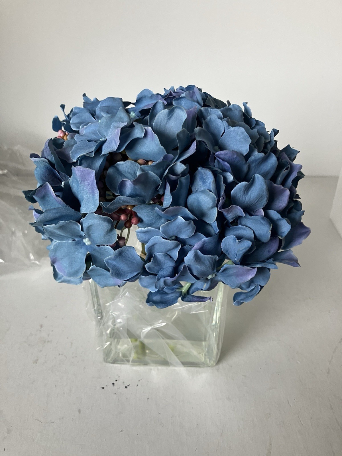 Artificial Silk Hydrangea In Vase With Faux Water In Cube Vase
