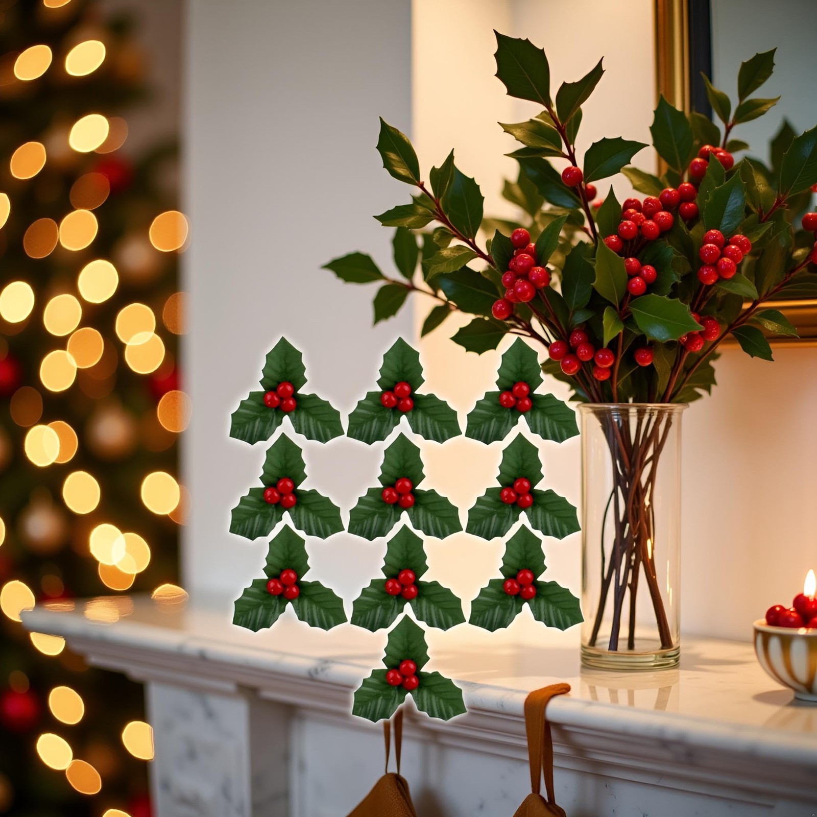 10Pcs Christmas Holly Berries Faux Flowers with Leaves Xmas Picks Wreath Bran…