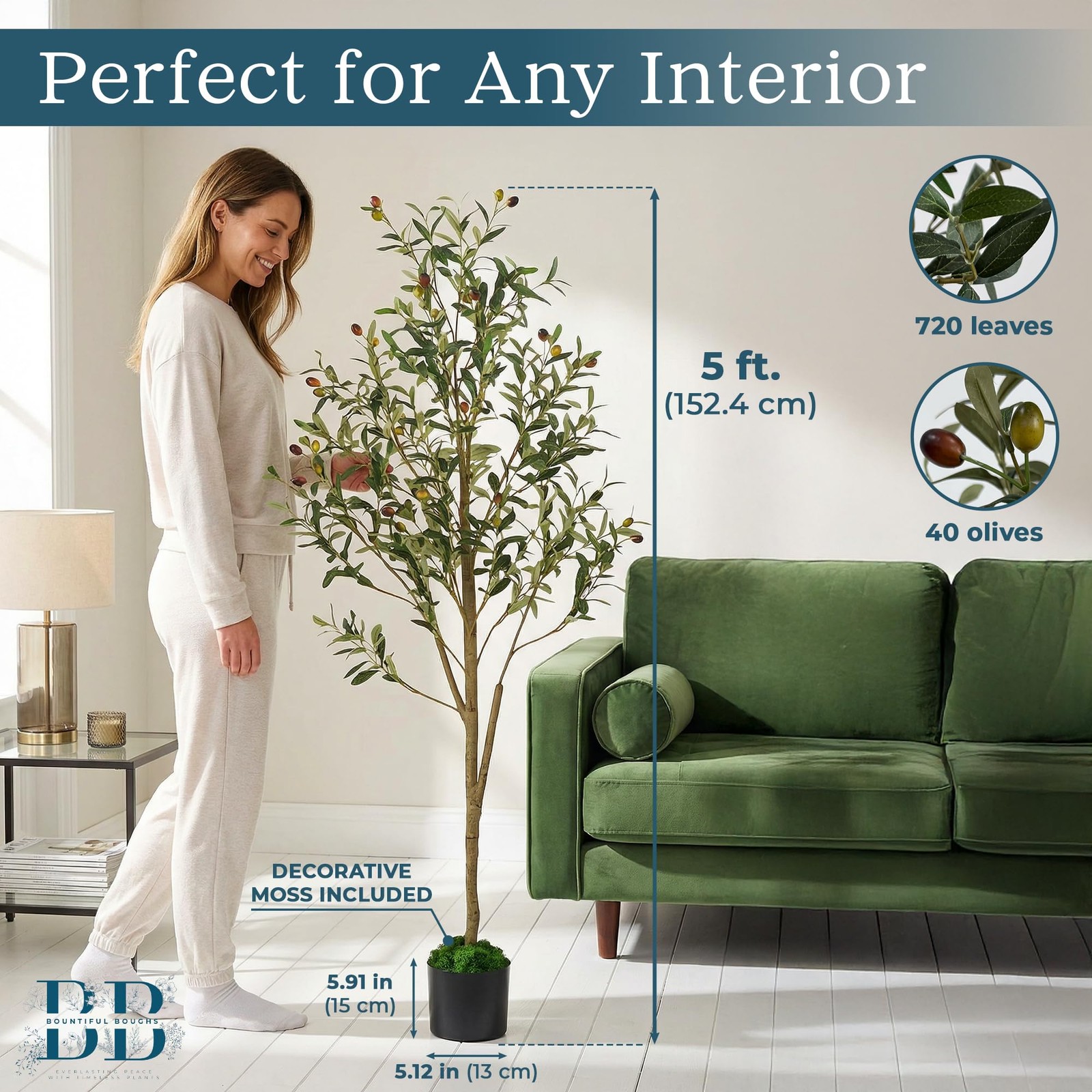 5ft (150 cm) Artificial Olive Tree with Black Plastic Pot & Moss – 720 Leaves…