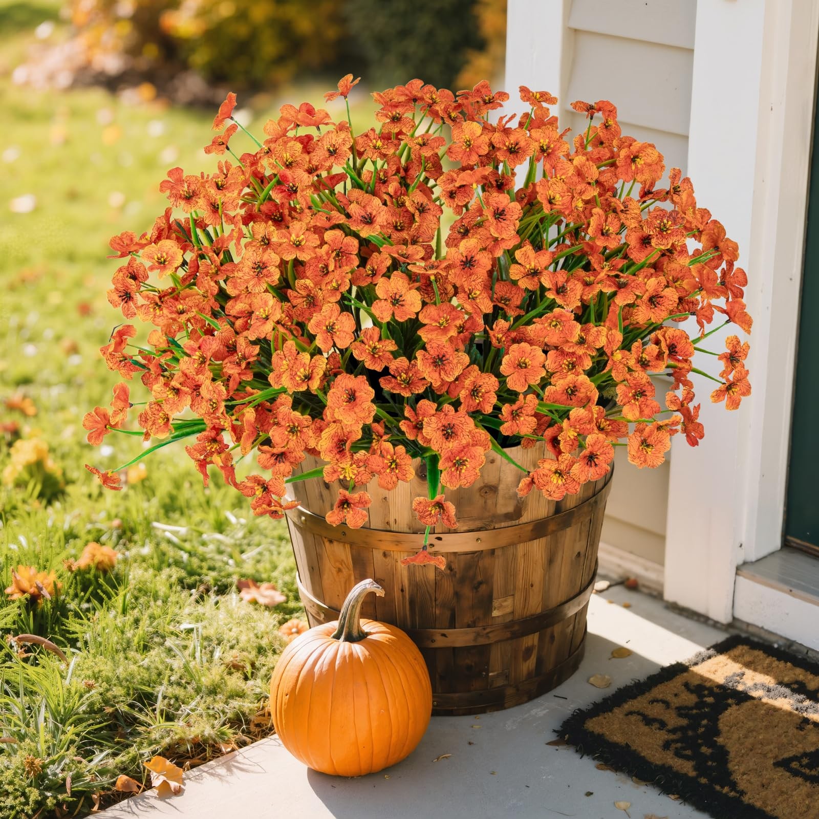 Outdoor Artificial Flowers 24 Bundles, UV Resistant Fall Mums, Faux, Orange
