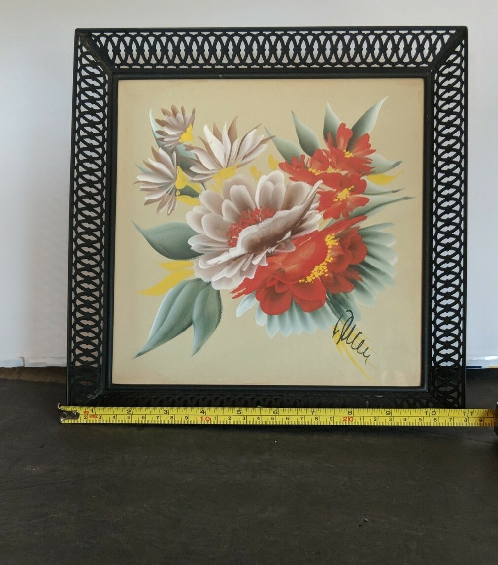 Painting Watercolor Hanging Picture or Tray Metal Frame 11″ x 11″ Signed Floral