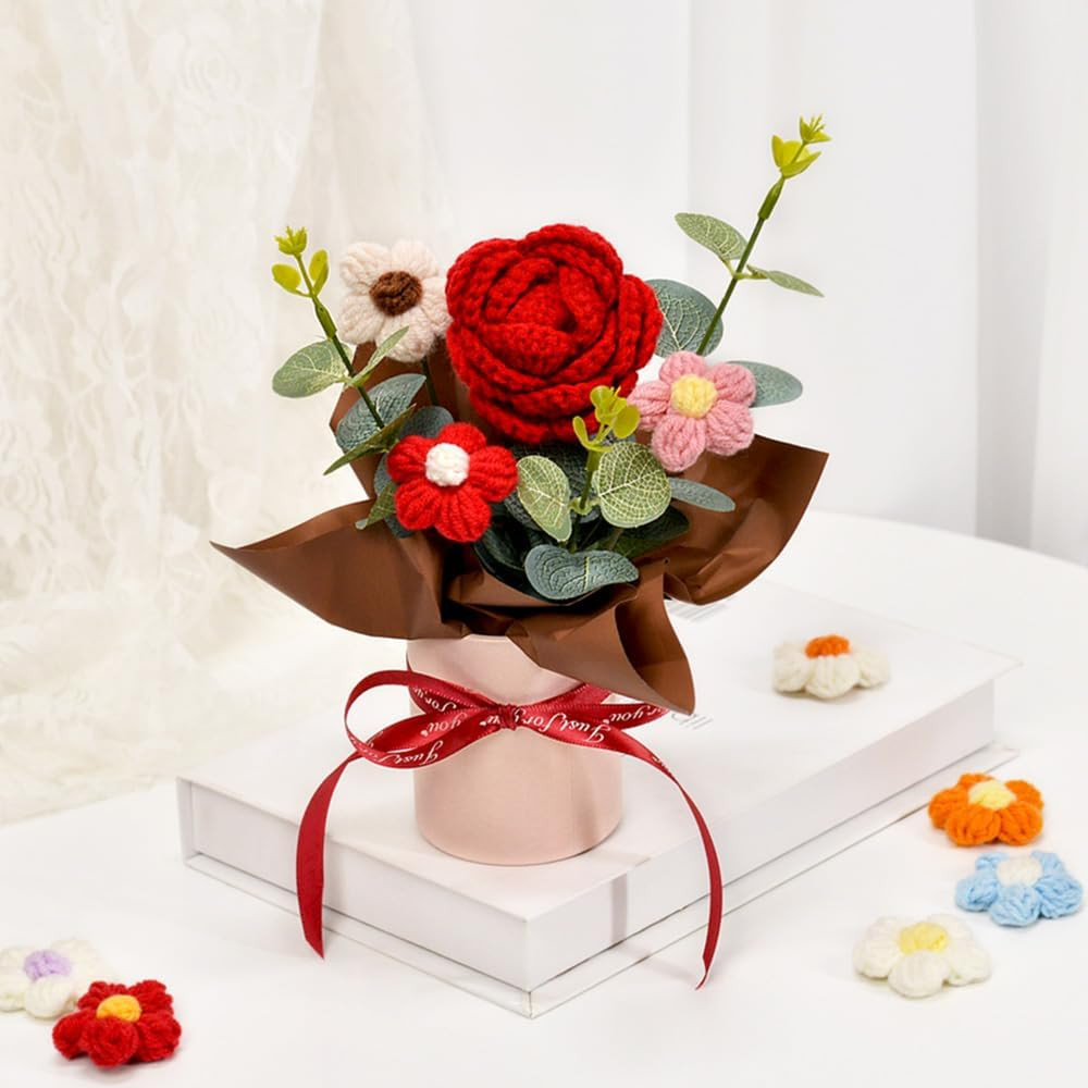 Crochet Medium Rose Flower Bouquet: Handmade Knitted Bouquet for Mother’S Day Bi