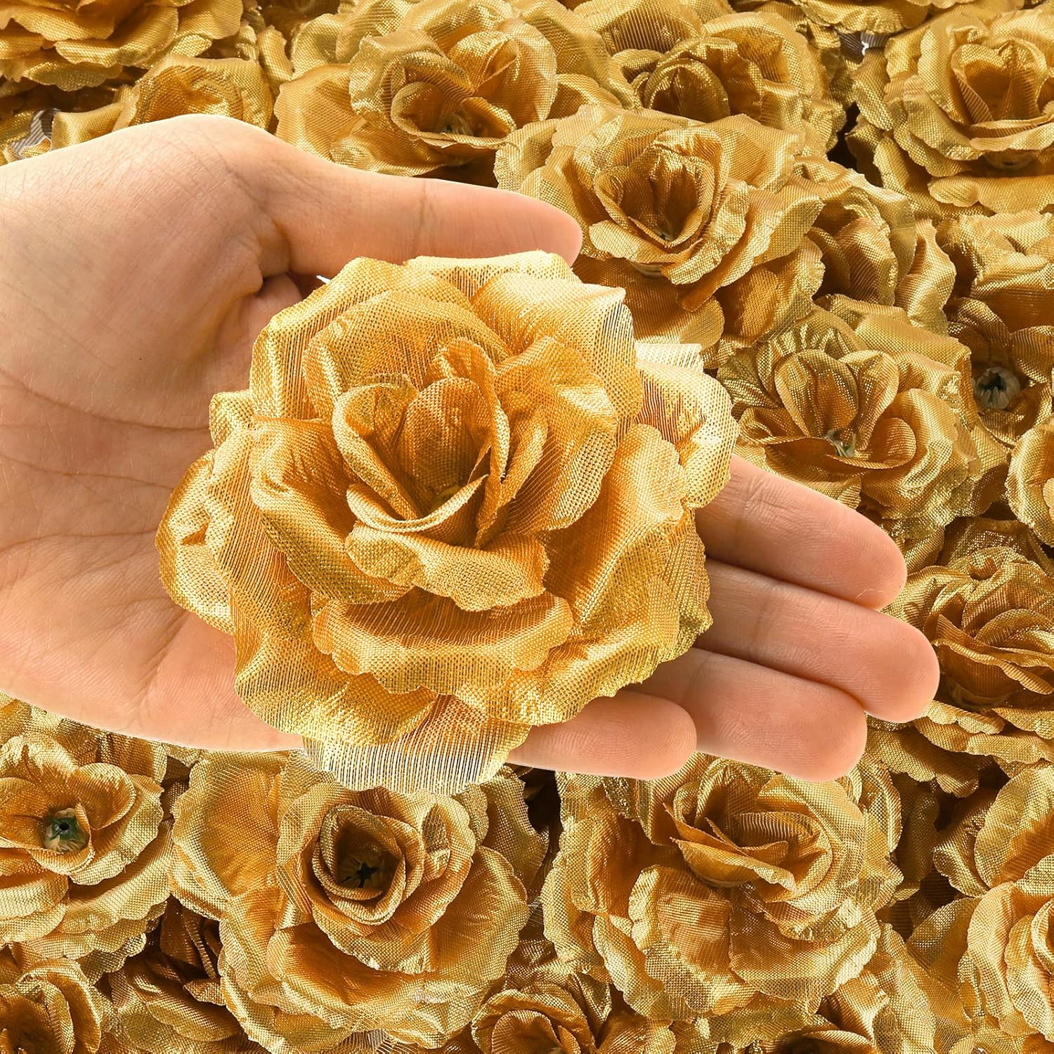 100 Pack Gold Roses Artificial Flowers Bulk, 3.5 Inch Silk Gold Faux Flowers