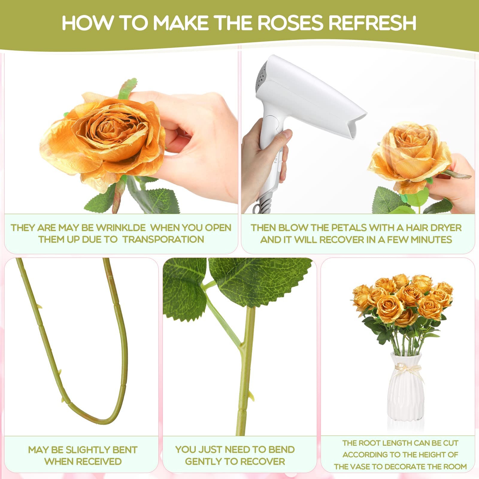 50 Pcs Artificial Rose Flower Bulk Realistic Silk Fake Roses with Long Stem Gold