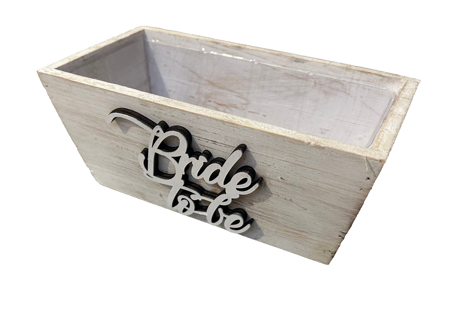 Bride To Be White Washed Wood Planter Box W/Plastic Liner 8″ x 4″ x 4″ no Plant