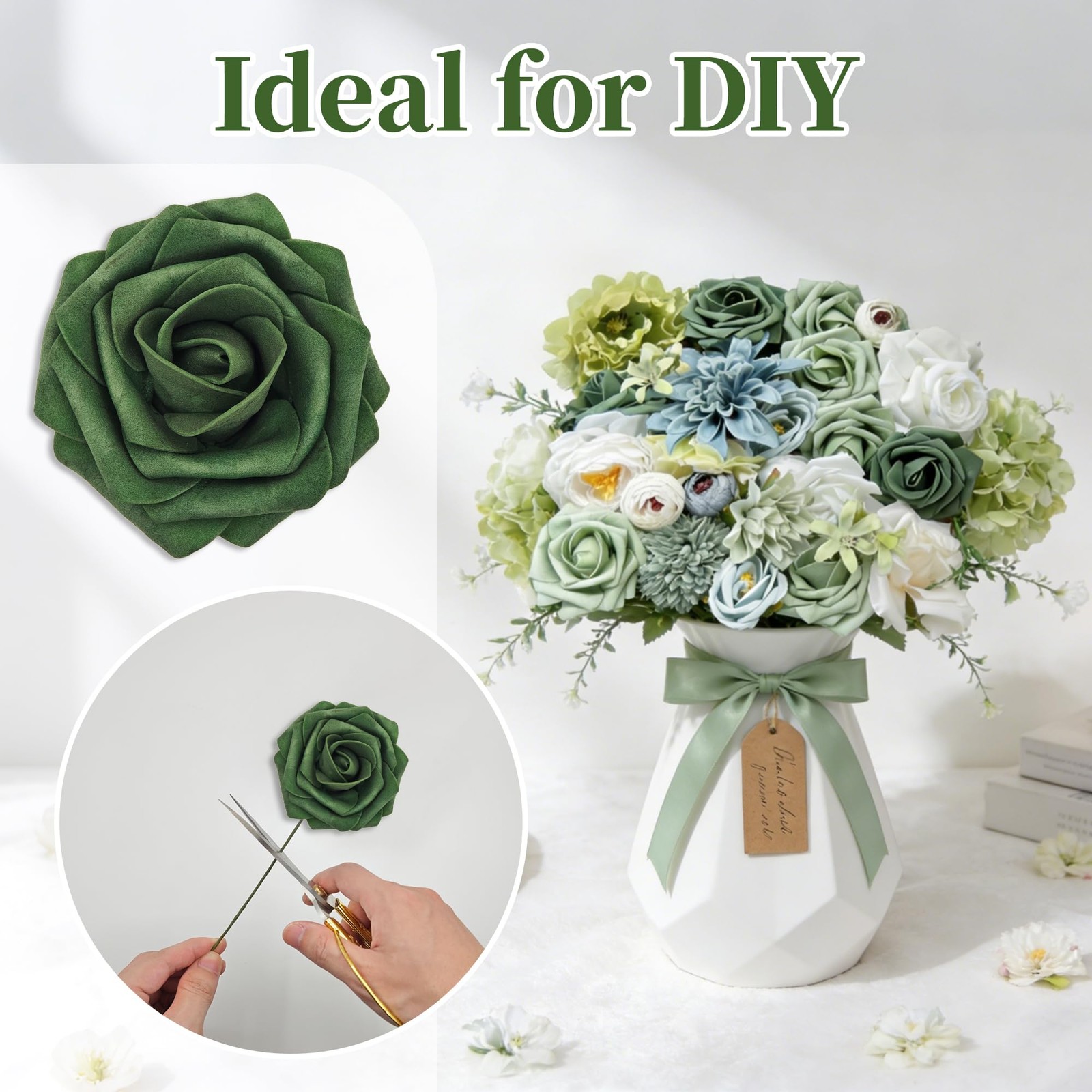 Green Artificial Silk Flowers Combo with Dahlias, Roses & Green Stems for DIY…
