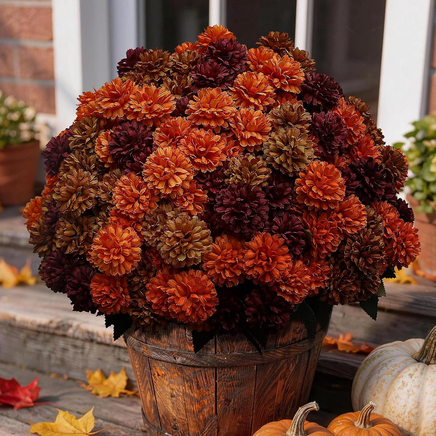 12 Bundles Artificial Fall Mums Outdoor Flowers, UV Resistant Faux Autumn Daisy