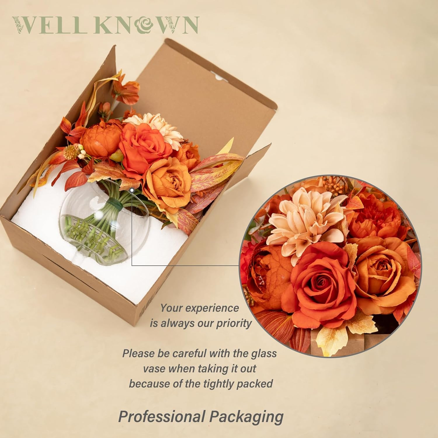 Silk Flower Bouquet in Vase – Orange Peony & Dahlia Centerpiece Decor