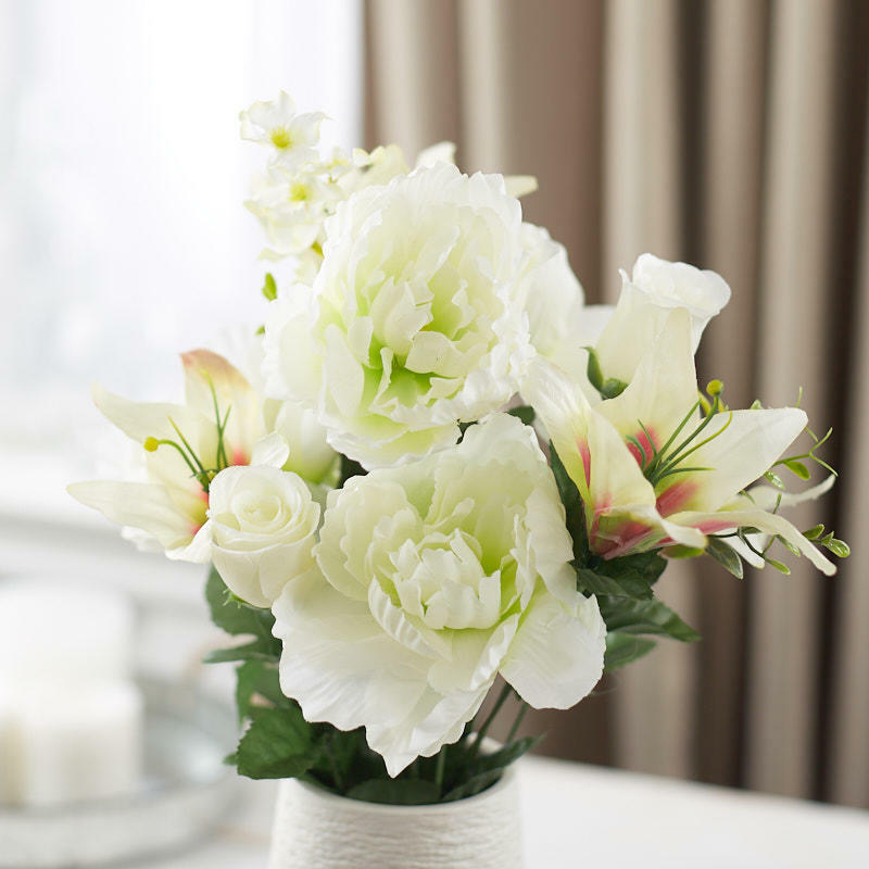 Cream and Green Artificial Lily Peony and Rose Bush