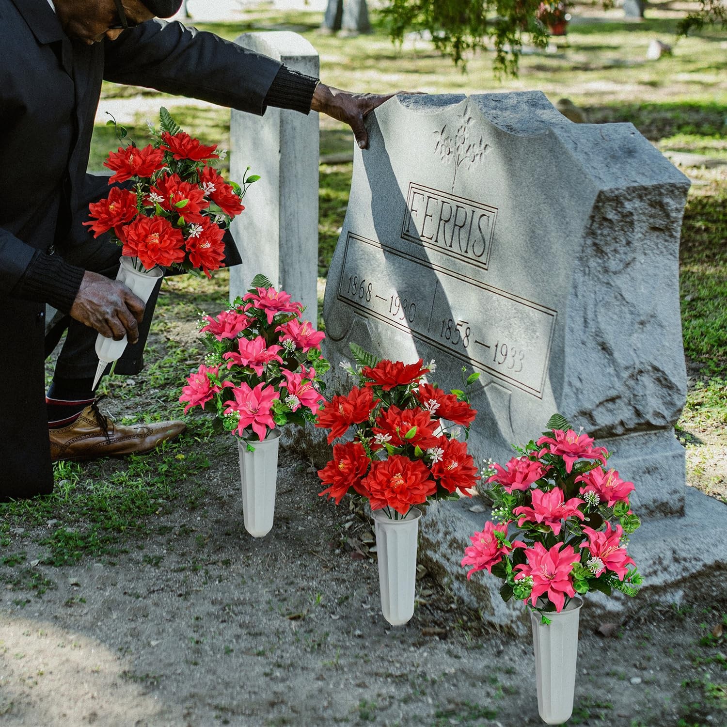4 Set Red Artificial Cemetery Flowers Grave Memorial Flowers with Vase Bouquets