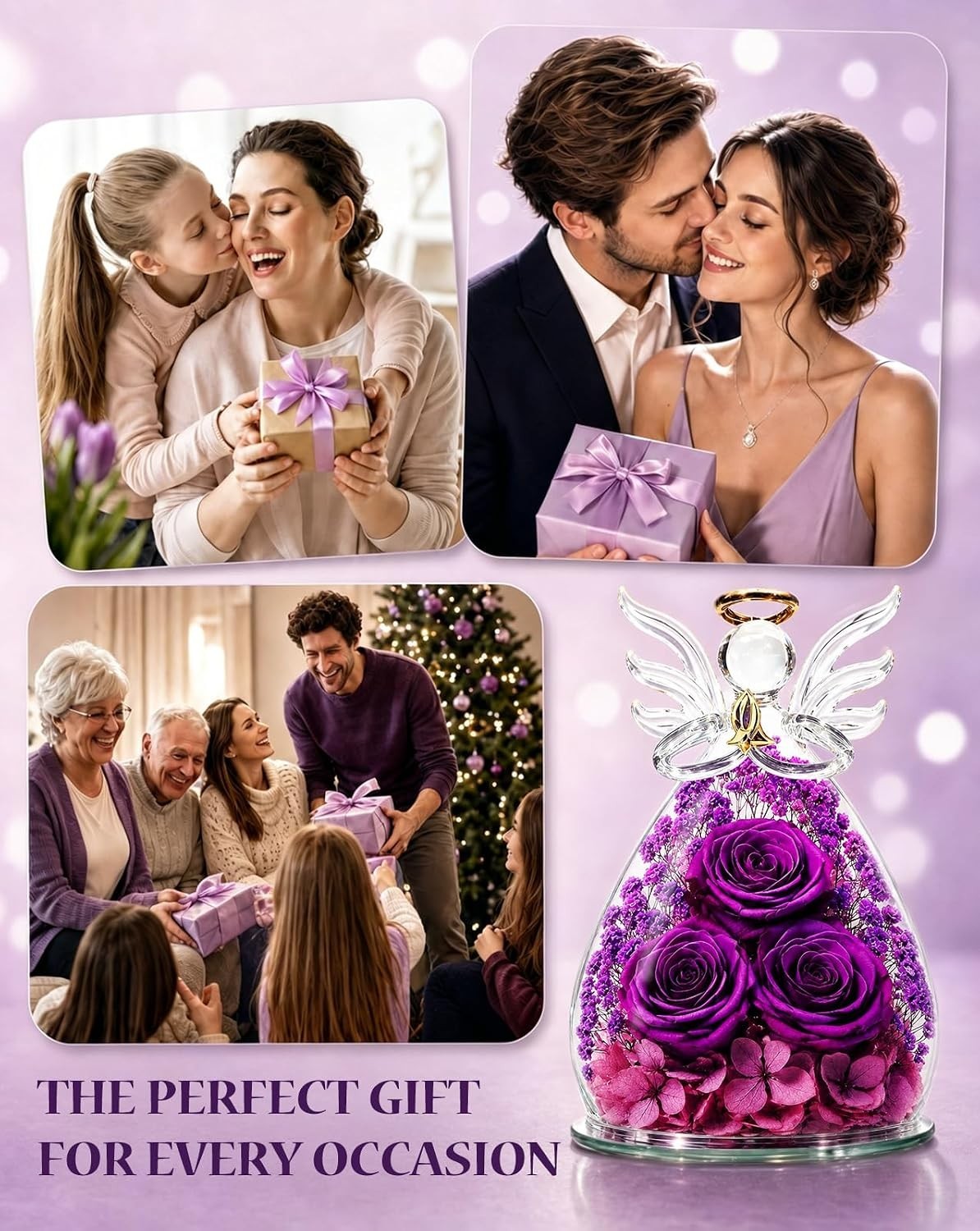 Lighted Guardian Angel Amethyst Color Preserved Flower for Loss Strength & Love