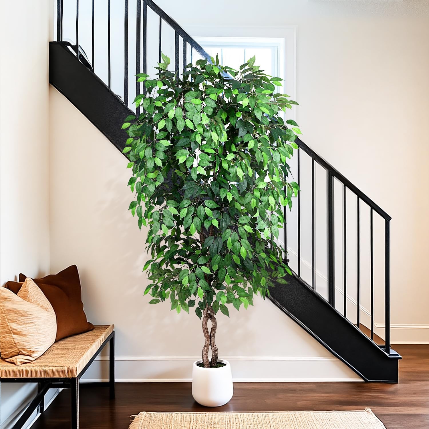 Jocoevol 7FT Artificial Ficus Tree, Tall Faux Trees Indoor White Planter, Dried