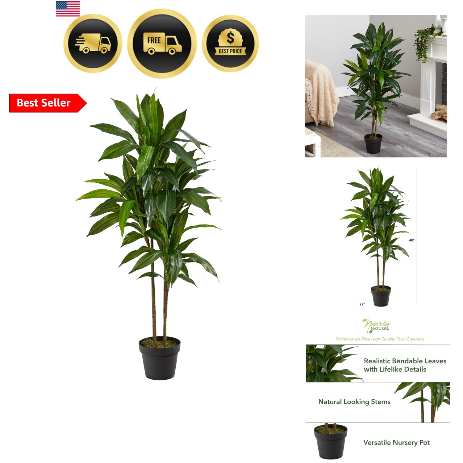 48in Artificial Dracaena with Real Touch Leaves and Multi Tonal Trunks, Large…